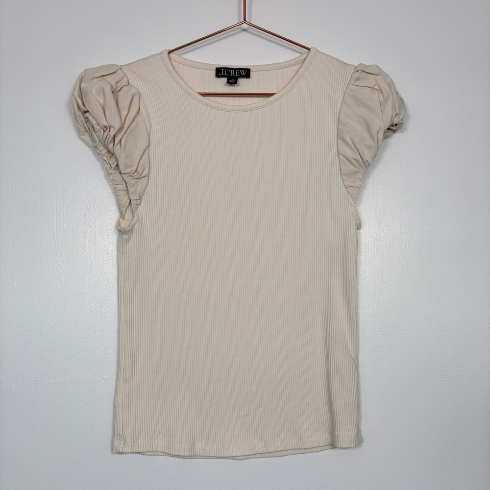 J.Crew Women Top Size M Cream Ribbed Puff Sleeve Mixed Media Crew Neck Cotton